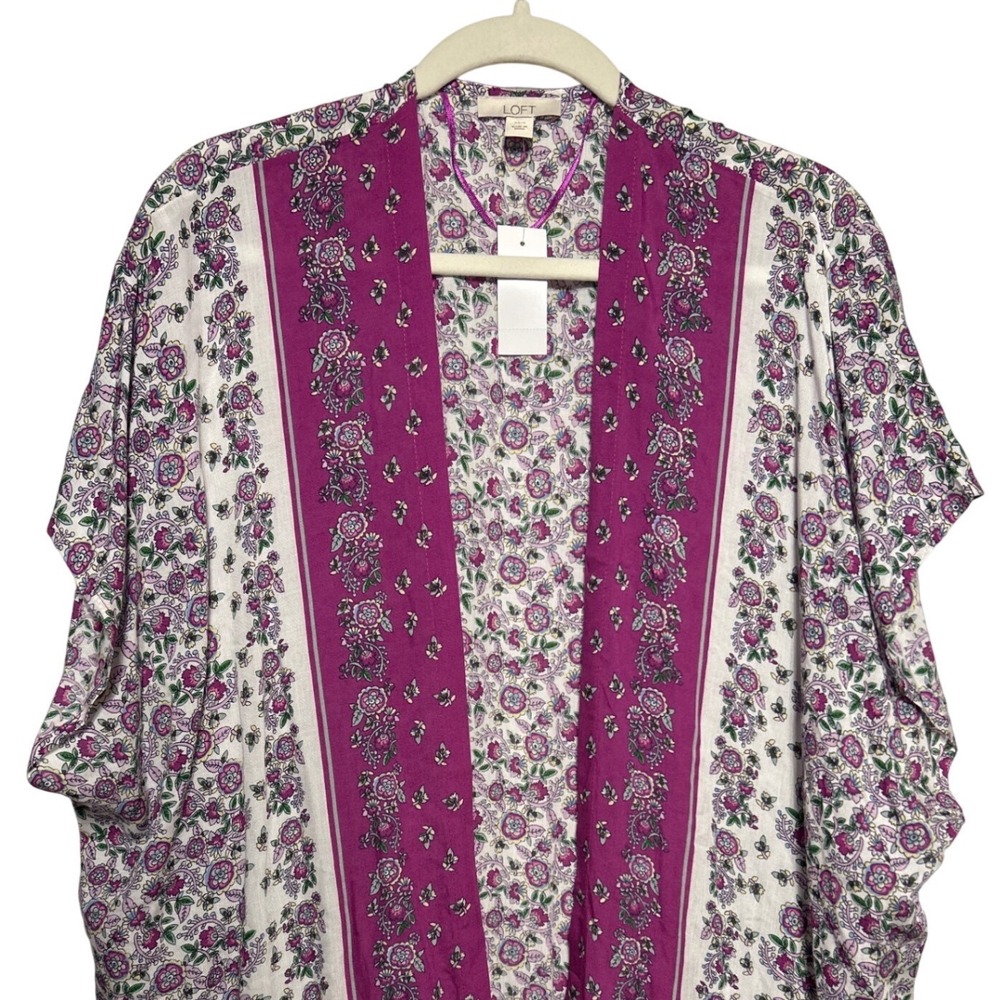 Loft Long Wrap‎ Kimono Duster Purple White Floral Lightweight Size XS/S NWT
